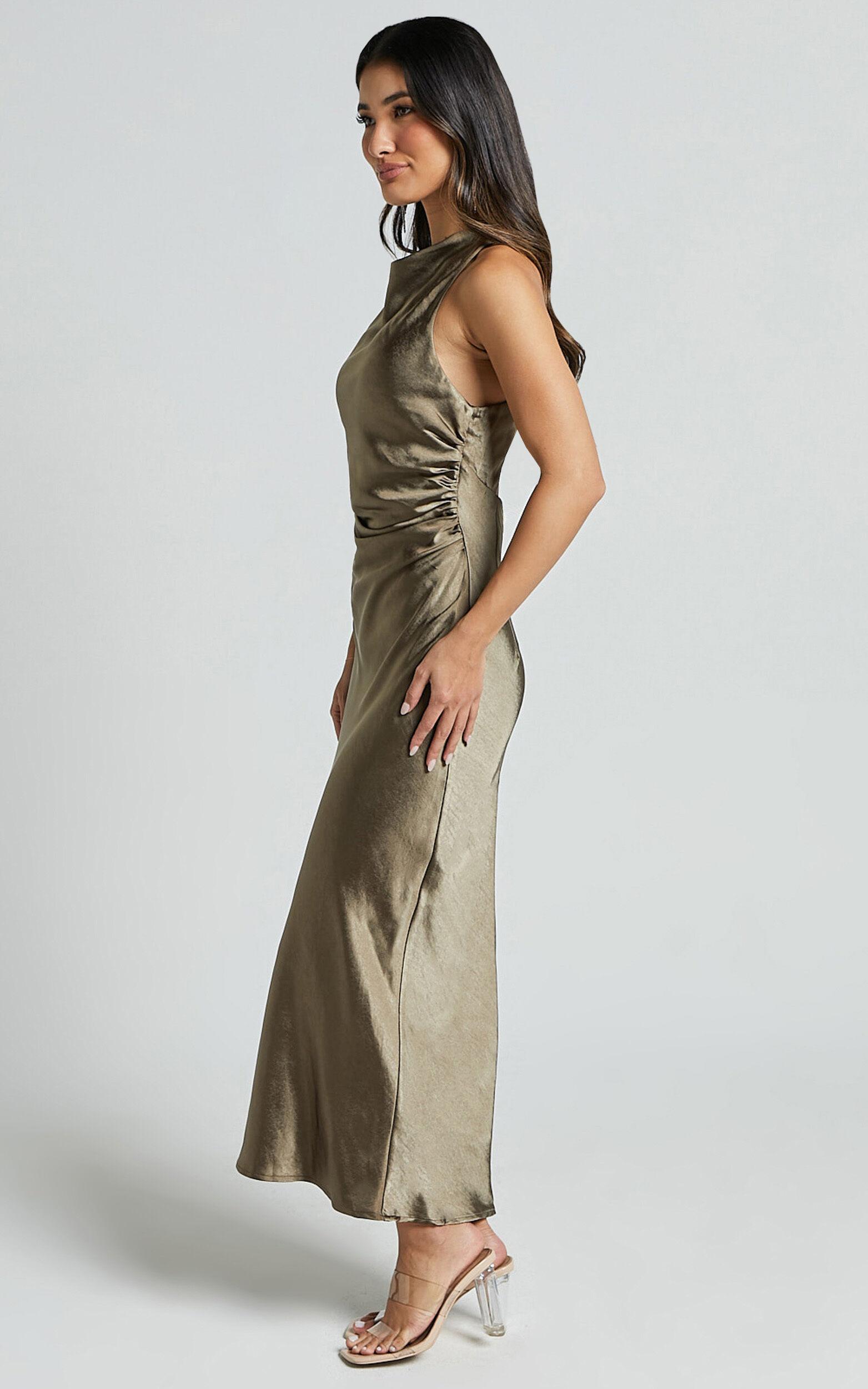 Aluna Midi Dress - High Neck Cross Back Satin Slip Dress in Olive Product Image