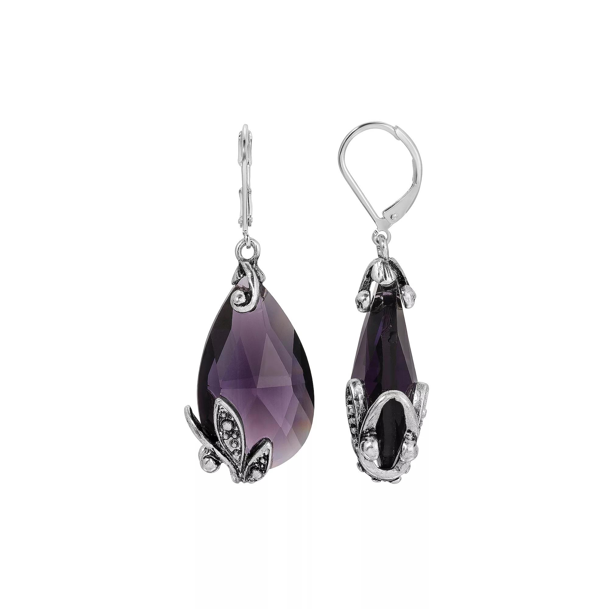 1928 Silver Tone Glass Crystal Teardrop Leverback Earrings, Women's, Purple Product Image