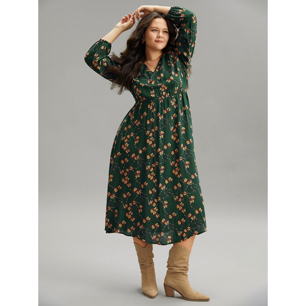 Plus Size Floral Print Elastic Waist Lantern Sleeve Dress DarkGreen Women Elegant Elastic cuffs V-neck Long Sleeve Curvy Midi Dress BloomChic 22-24/3X Product Image