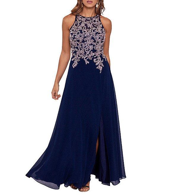 Betsy & Adam Beaded Embroidery Chiffon Halter Neck Keyhole Back Detail Sleeveless Gown Product Image