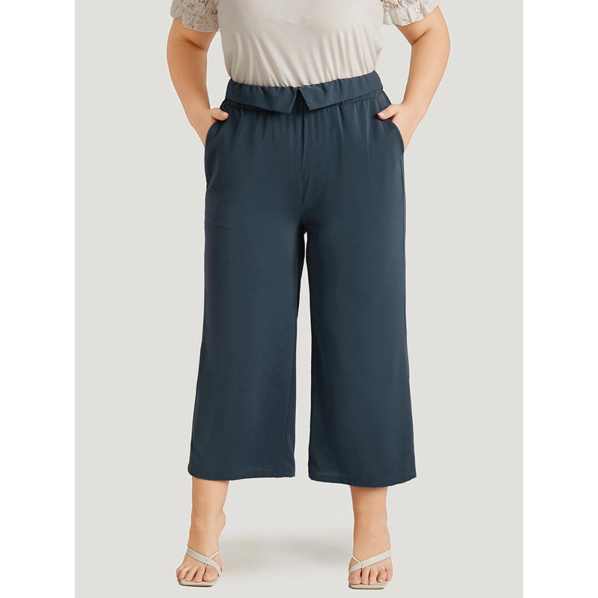 Plus Size Solid Buckle Detail Pocket Straight Leg Pants Women Indigo Elegant Straight Leg High Rise Dailywear Pants BloomChic 18-20/2X Product Image