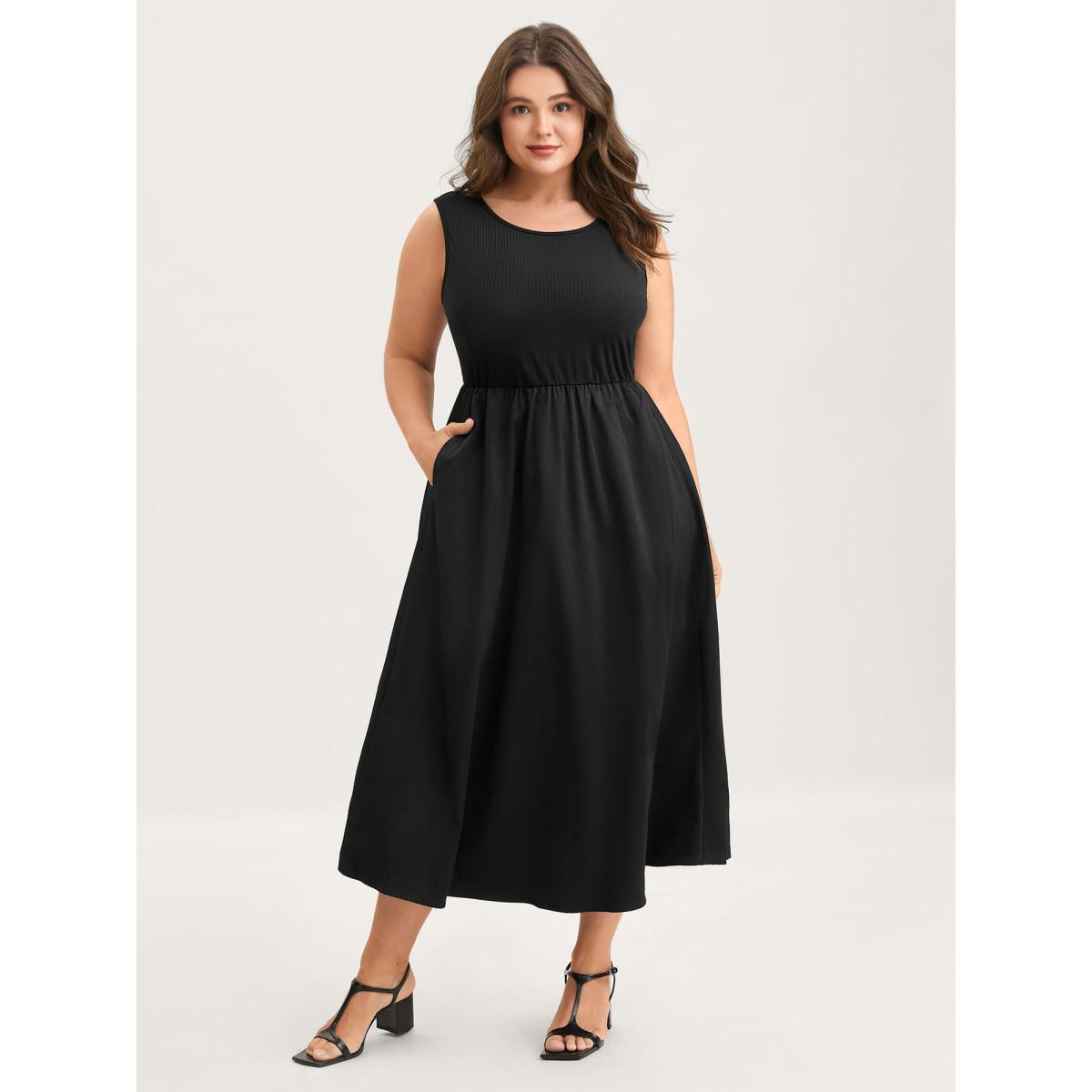 Plus Size Backless Waist-Defining Tie Midi Dress Black Women Timeless Tie knot Round Neck Sleeveless Curvy BloomChic 22-24/3X Product Image