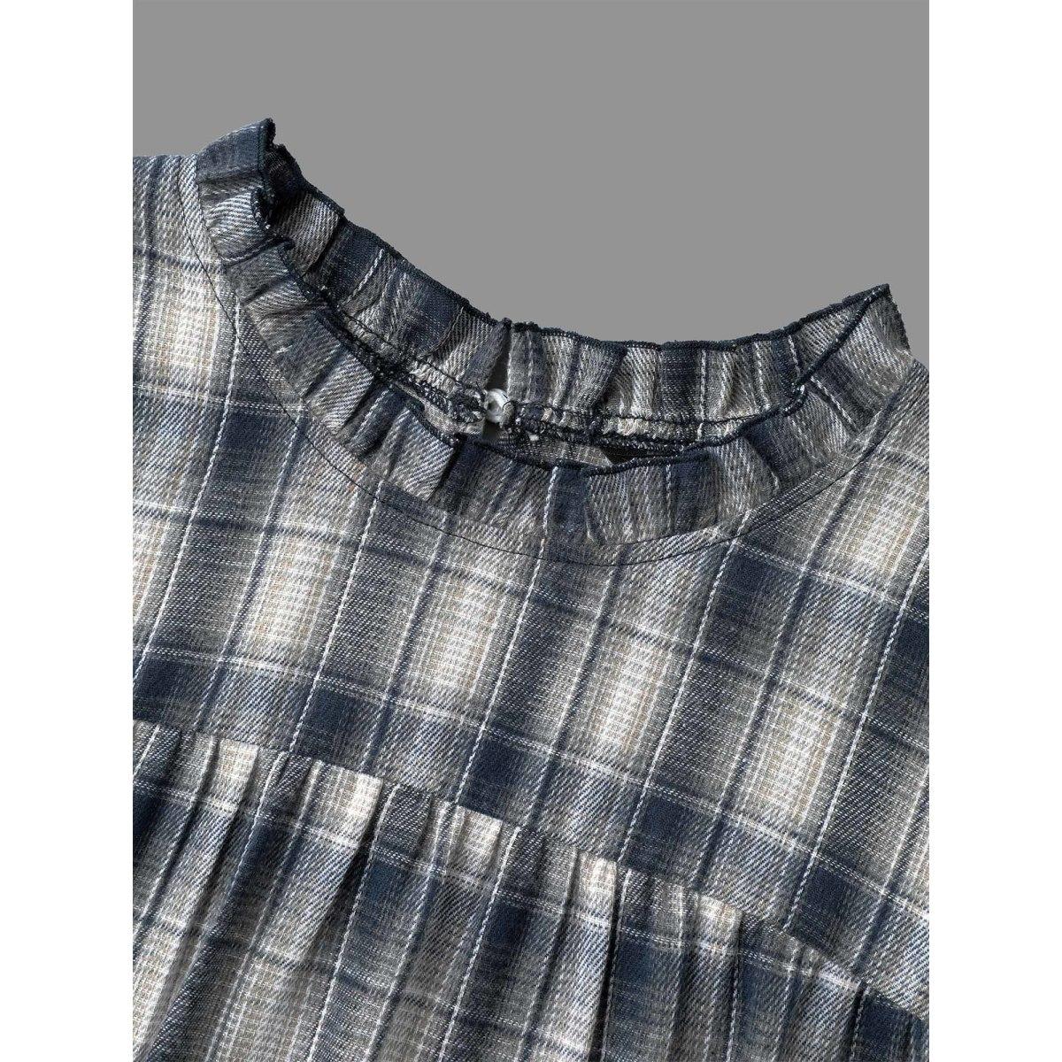 Plus Size Indigo Plaid Ruffle Trim Gathered Blouse Women Elegant Extra Long Sleeve Round Neck Everyday Blouses BloomChic 14-16/1X Product Image