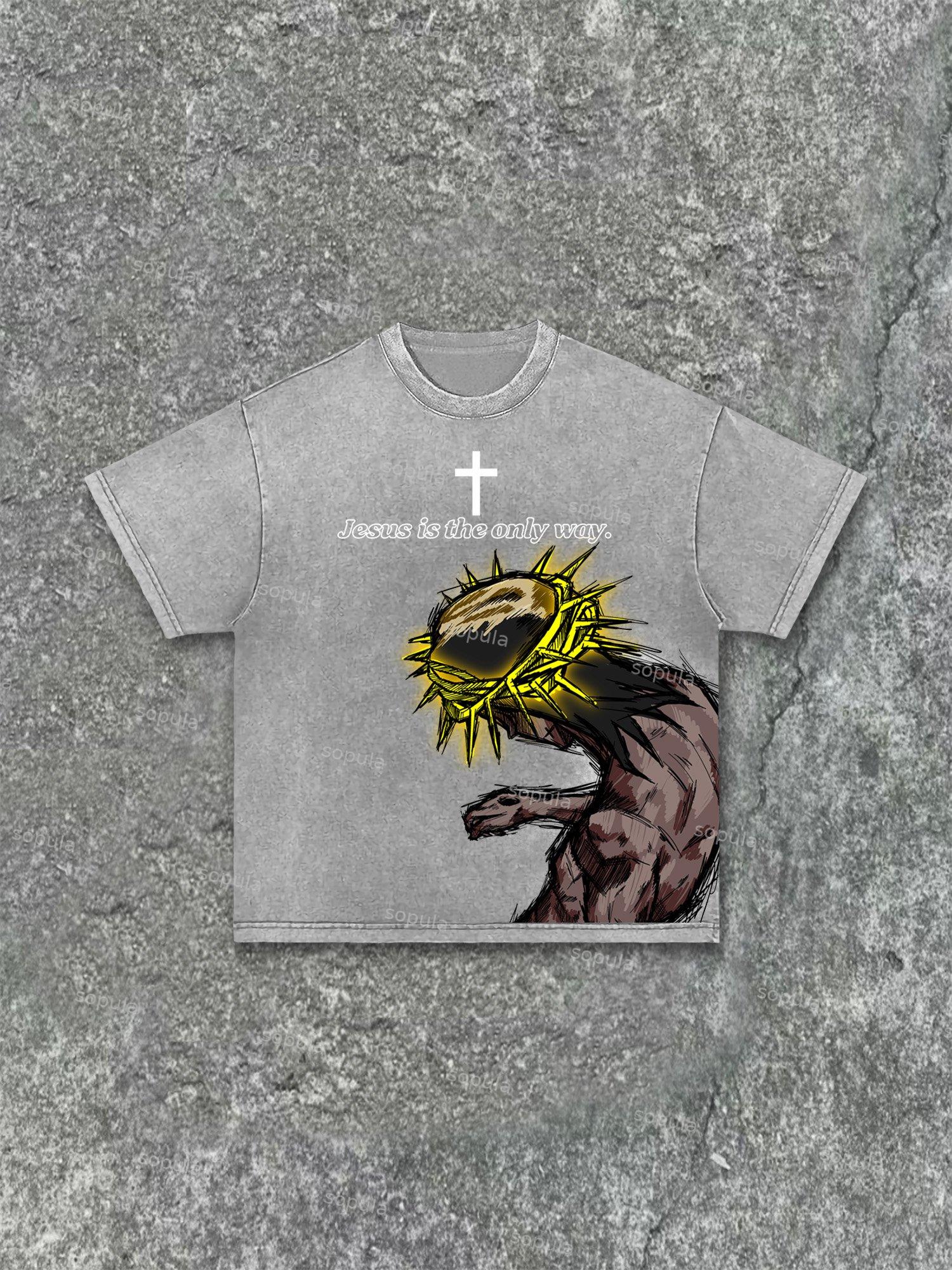 Praying Boy Print Acid Wash T-shirt Product Image
