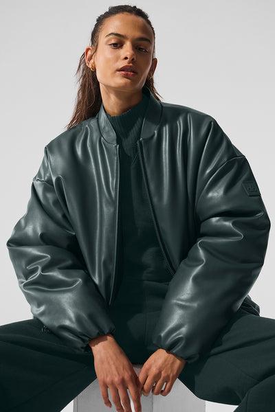 Faux Leather Premier Bomber - Charcoal Green Female Product Image