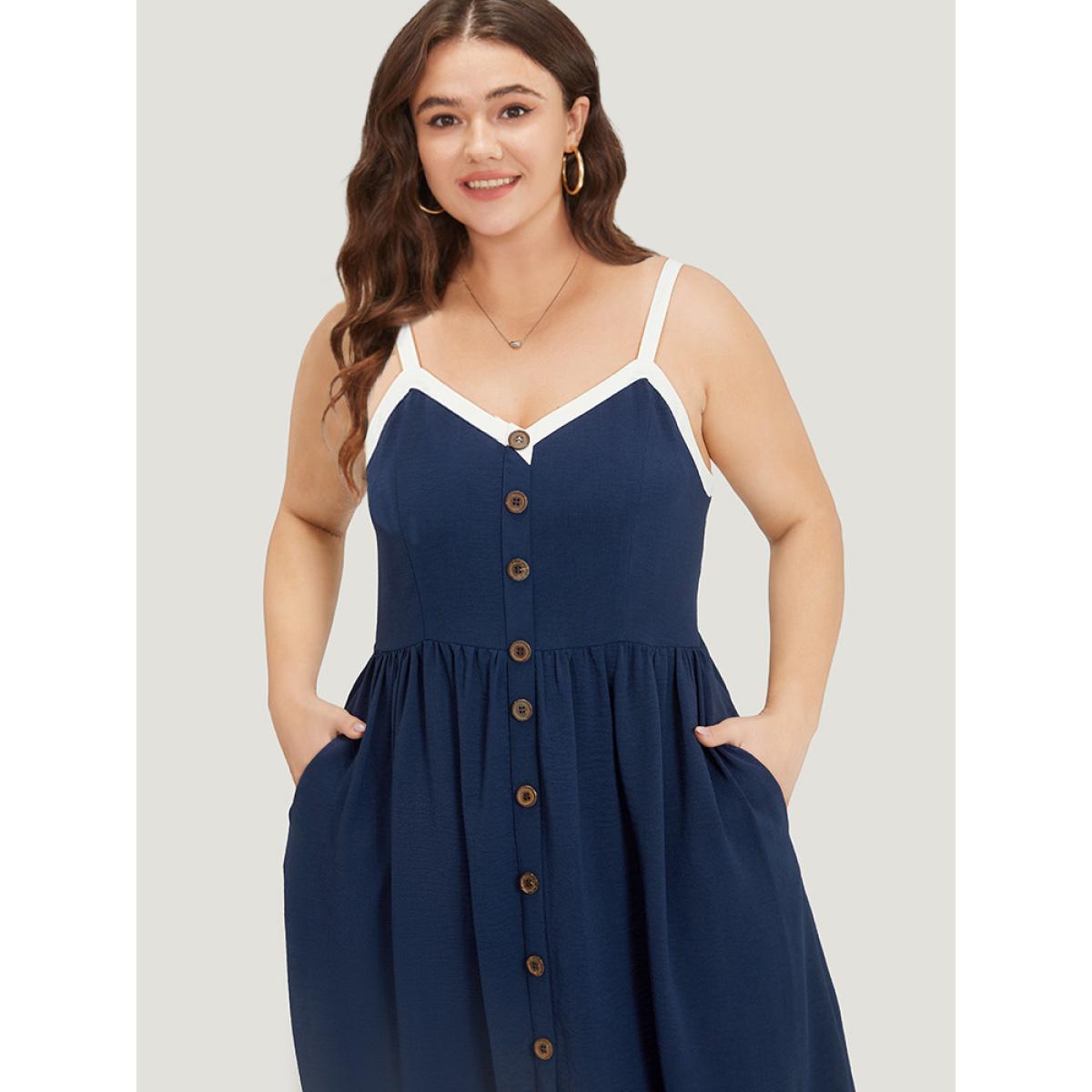 Plus Size Contrast Trim Pocket Button Detail Gathered Cami Dress Indigo Women Office Adjustable Straps Spaghetti Strap Sleeveless Curvy Midi Dress BloomChic 18-20/2X Product Image