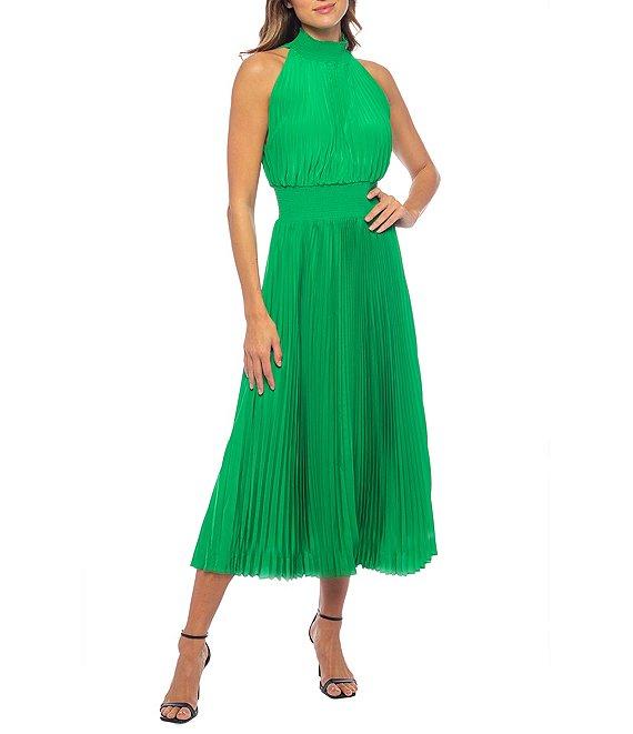 Marina Sleeveless Halter Mock Neck Smocked Pleated Crepe Chiffon A-Line Midi Dress Product Image