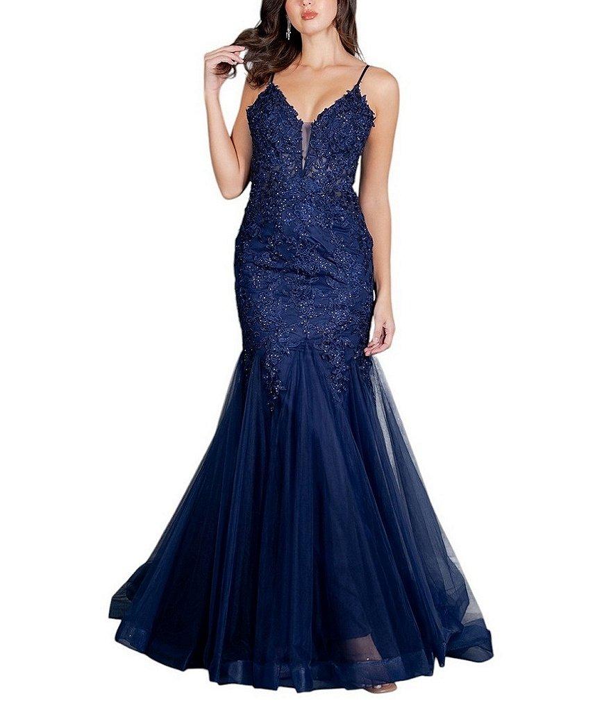 Cinderella Couture Embroidered Floral Rhinestoned Lace V-Neck Spaghetti Strap Corset Fitted Mermaid Gown Product Image