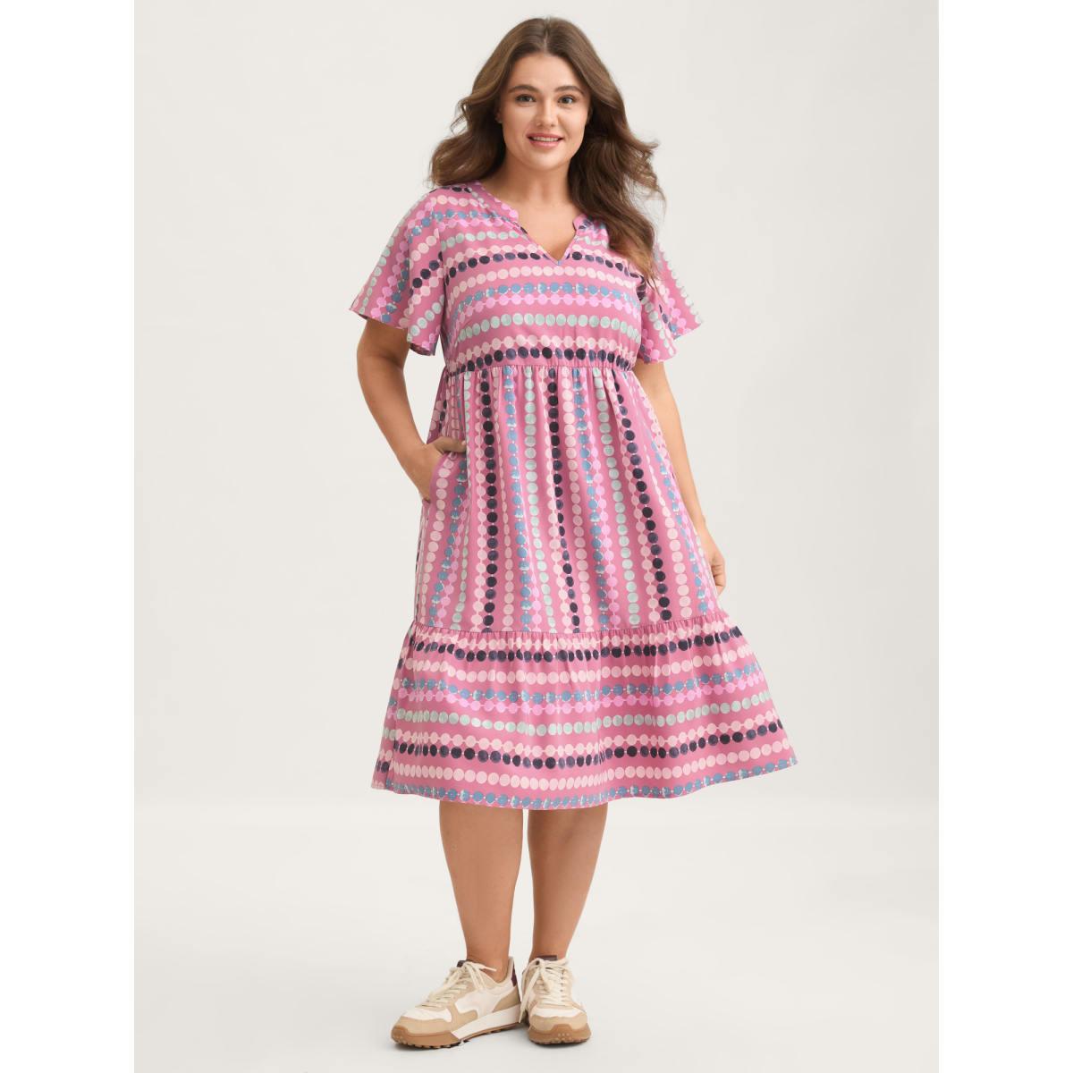 Plus Size Dot Print Elastic Waist Split Neck Midi Dress DustyPink Women Casual Ruffles Flat collar with V-notch Short sleeve Curvy BloomChic 12/L Product Image