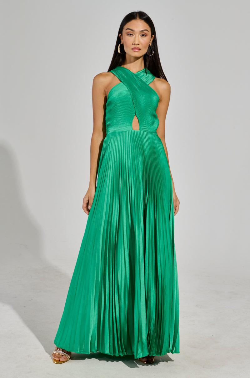 ALWAYS THE GUEST PLEATED MAXI DRESS IN KELLY GREEN Product Image