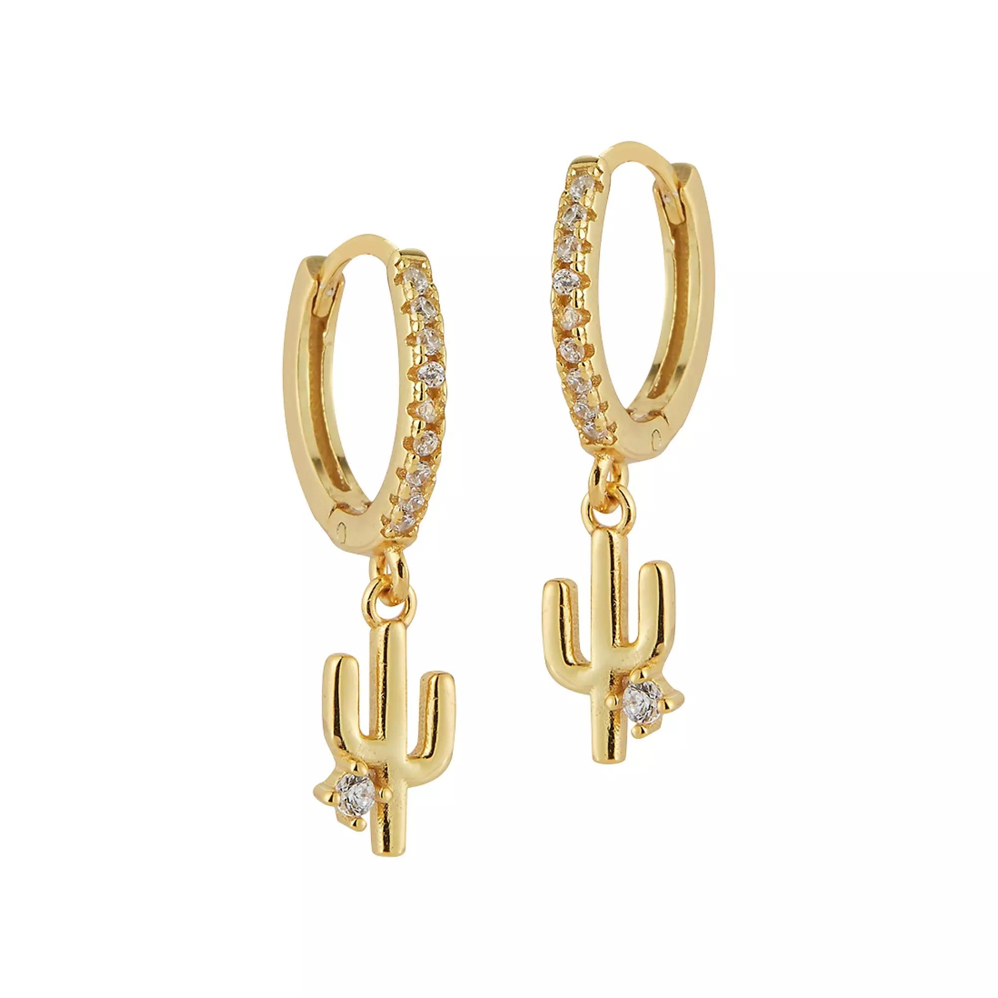 Sunkissed Sterling Sterling Silver Cubic Zirconia Cactus Charm Huggie Hoop Earrings, Women's, Gold Tone Product Image