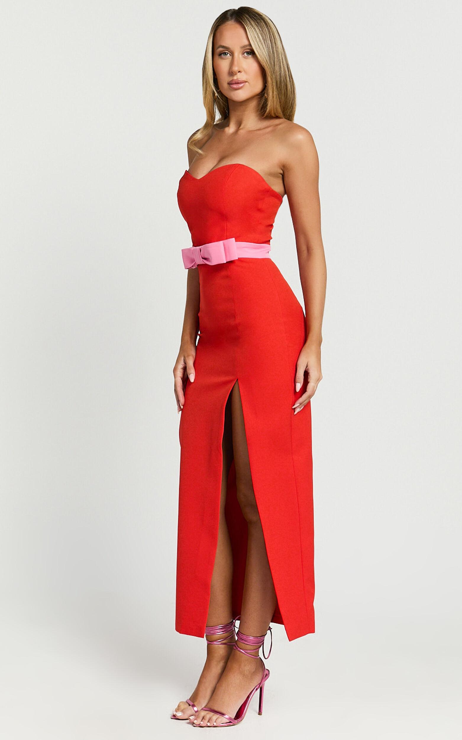 Veronica Midi Dress - Sweetheart Strapless Bow Detail High Split Dress in Red Product Image
