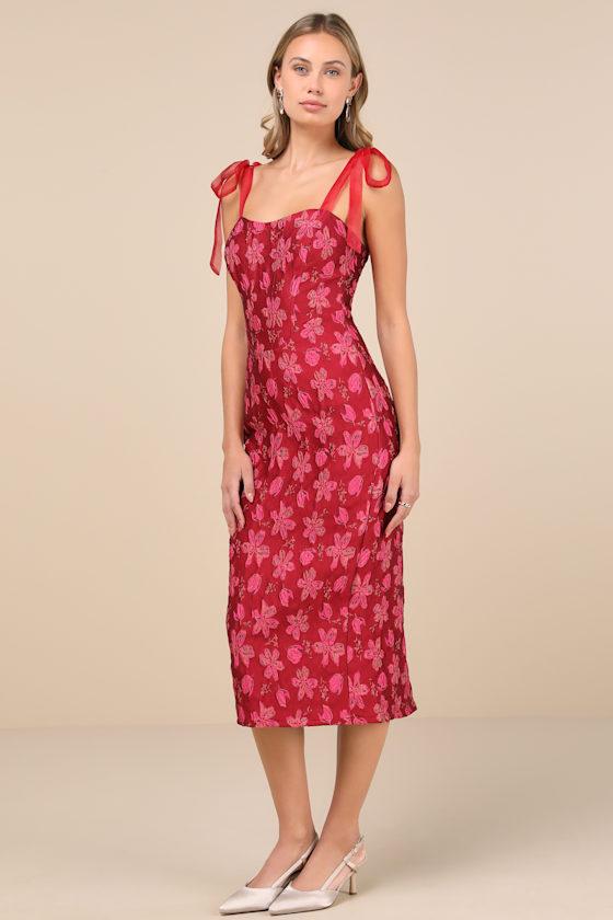 Lovely Darling Magenta Floral Jacquard Tie-Strap Midi Dress Product Image