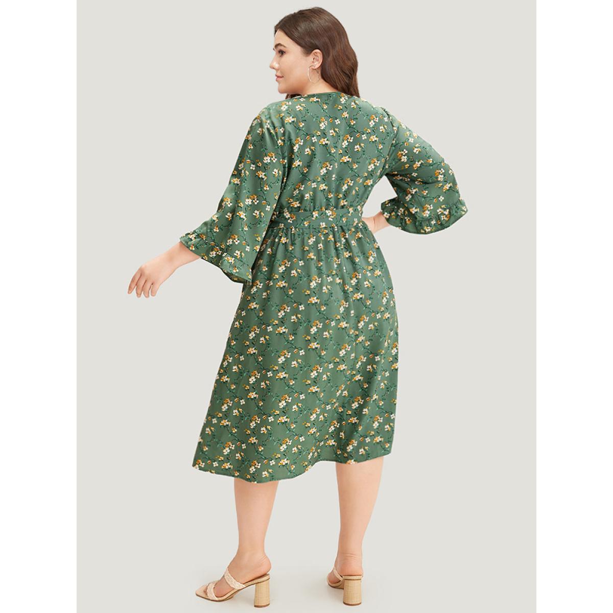 Plus Size Floral Print Surplice Neck Flutter Trim Dress Green Women Elegant Printed V-neck Elbow-length sleeve Curvy Midi Dress BloomChic 30/6X Product Image