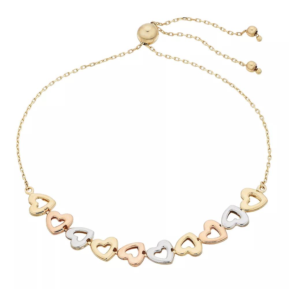 Tri-Tone 14k Gold Heart Link Bolo Bracelet, Womens Product Image
