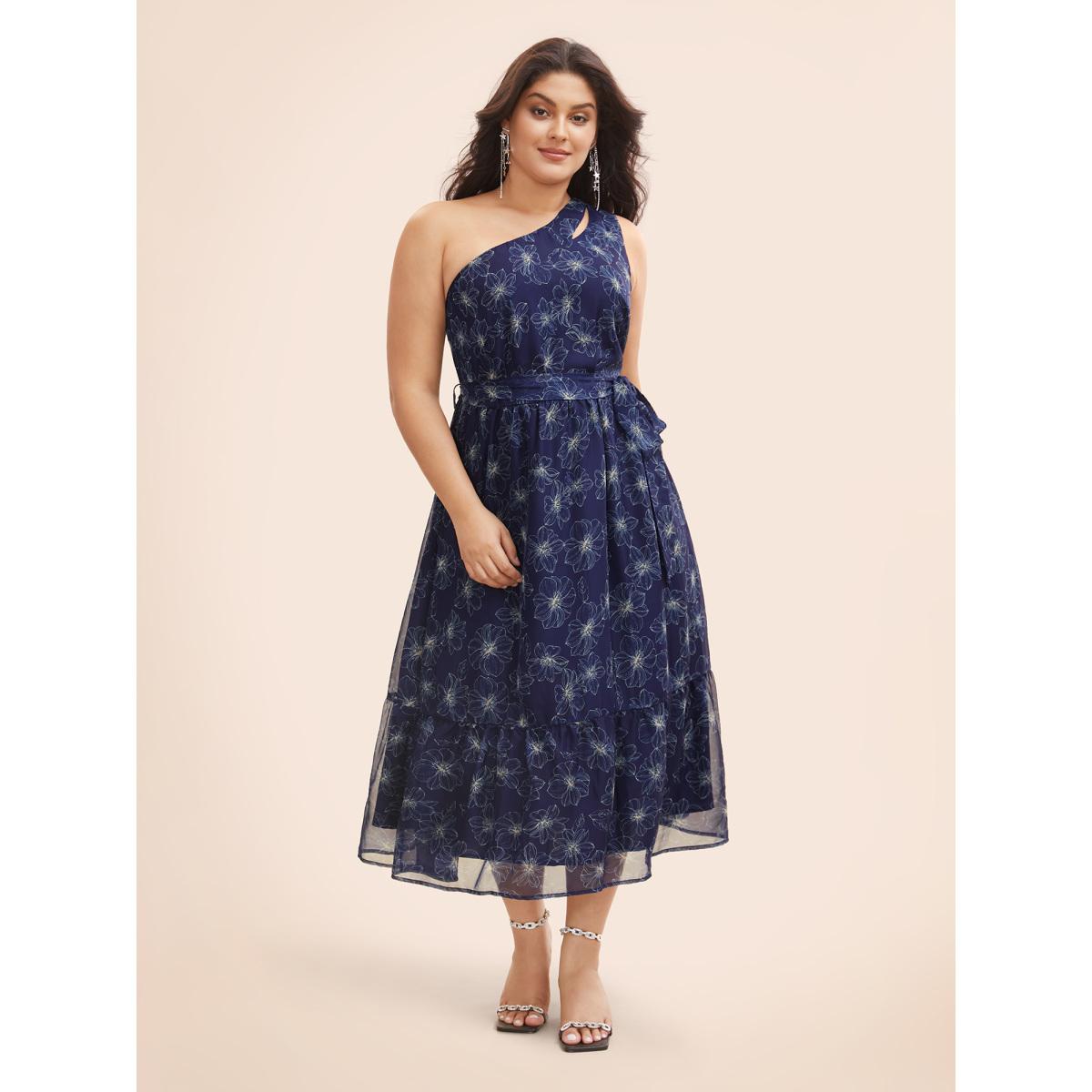 Plus Size Floral Asymmetrical Neck Mesh Belted Dress DarkBlue Women Cocktail See through Party Curvy Bloomchic 22-24/3X Product Image