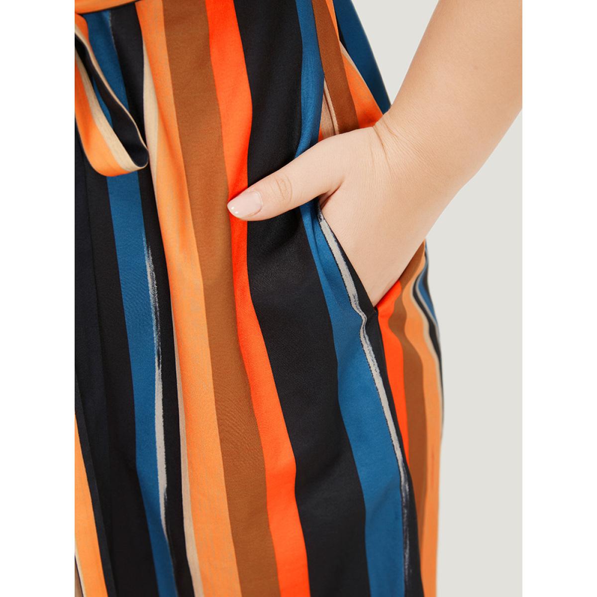 Plus Size Rainbow Striped Batwing Sleeve Pocket Belt Dress Multicolor Women Vacation Contrast V-neck Short sleeve Curvy Knee Dress BloomChic 30/6X Product Image