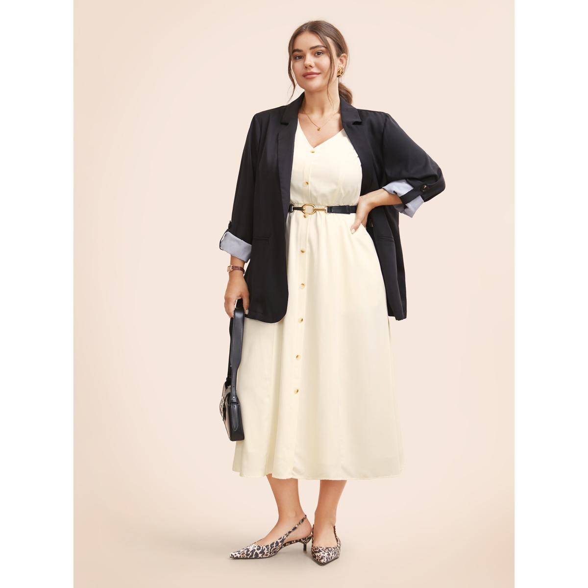 Plus Size V Neck Button Detail Sleeveless Dress Ivory Women At the Office Button V-neck Sleeveless Curvy BloomChic 30/6X Product Image