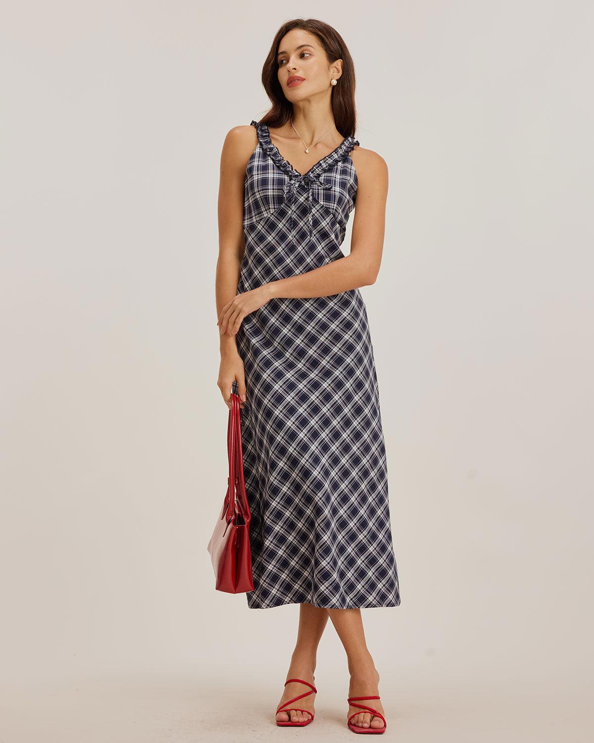 Blue Plaid V Neck Slip Maxi Dress Product Image