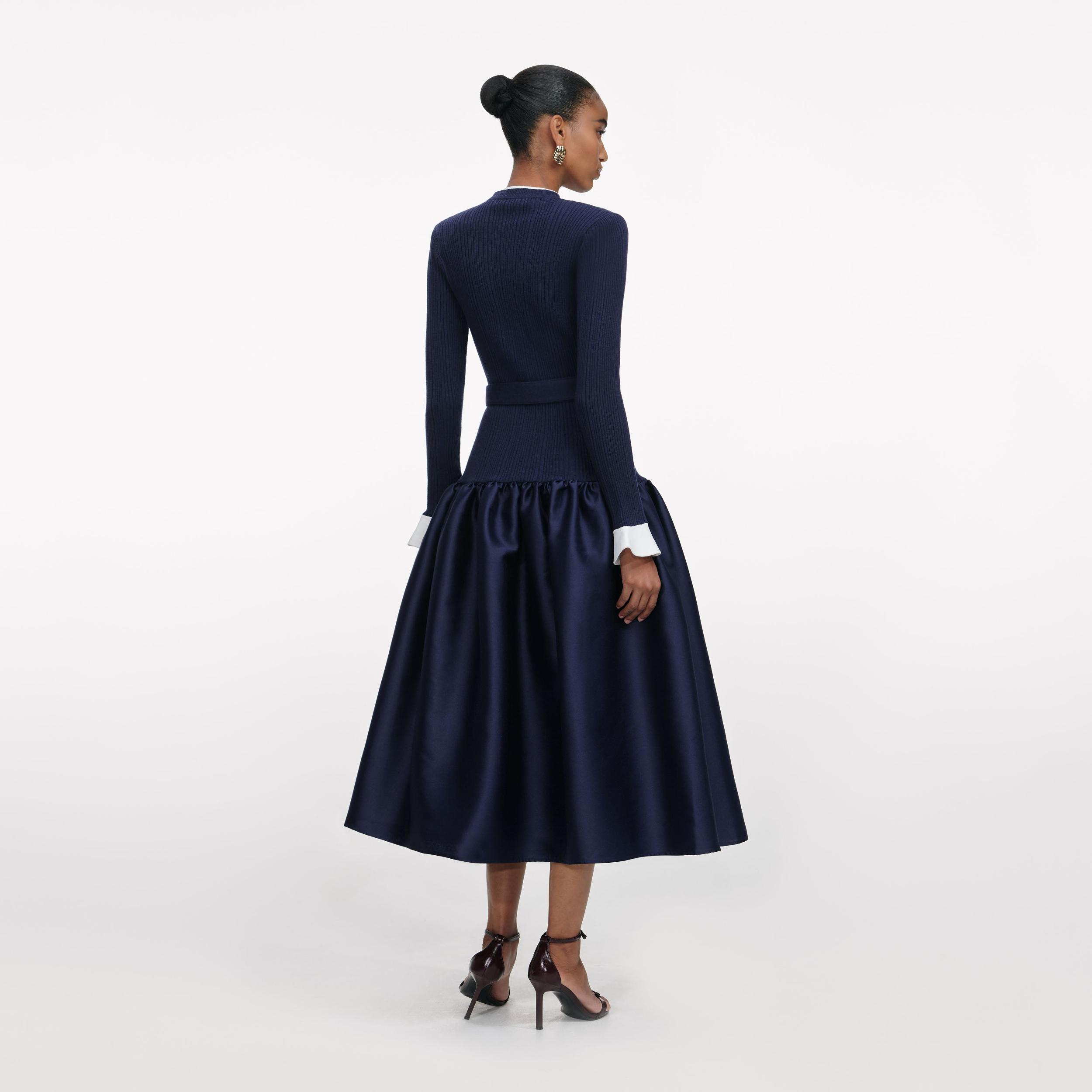 Navy Knit Taffeta Midi Dress Product Image