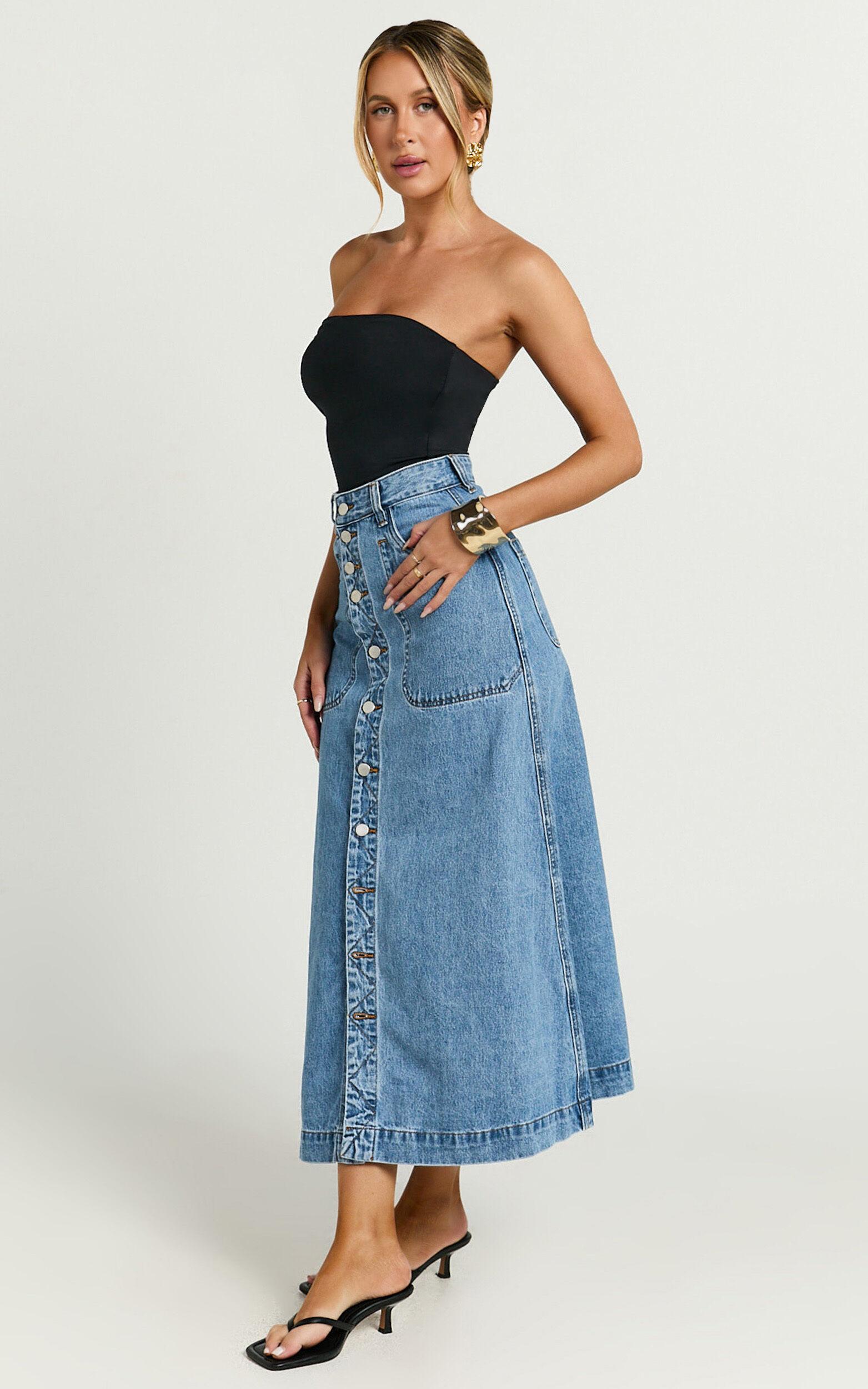 Alisa Midi Skirt - Button Through A Line Denim in Mid Blue Wash Product Image