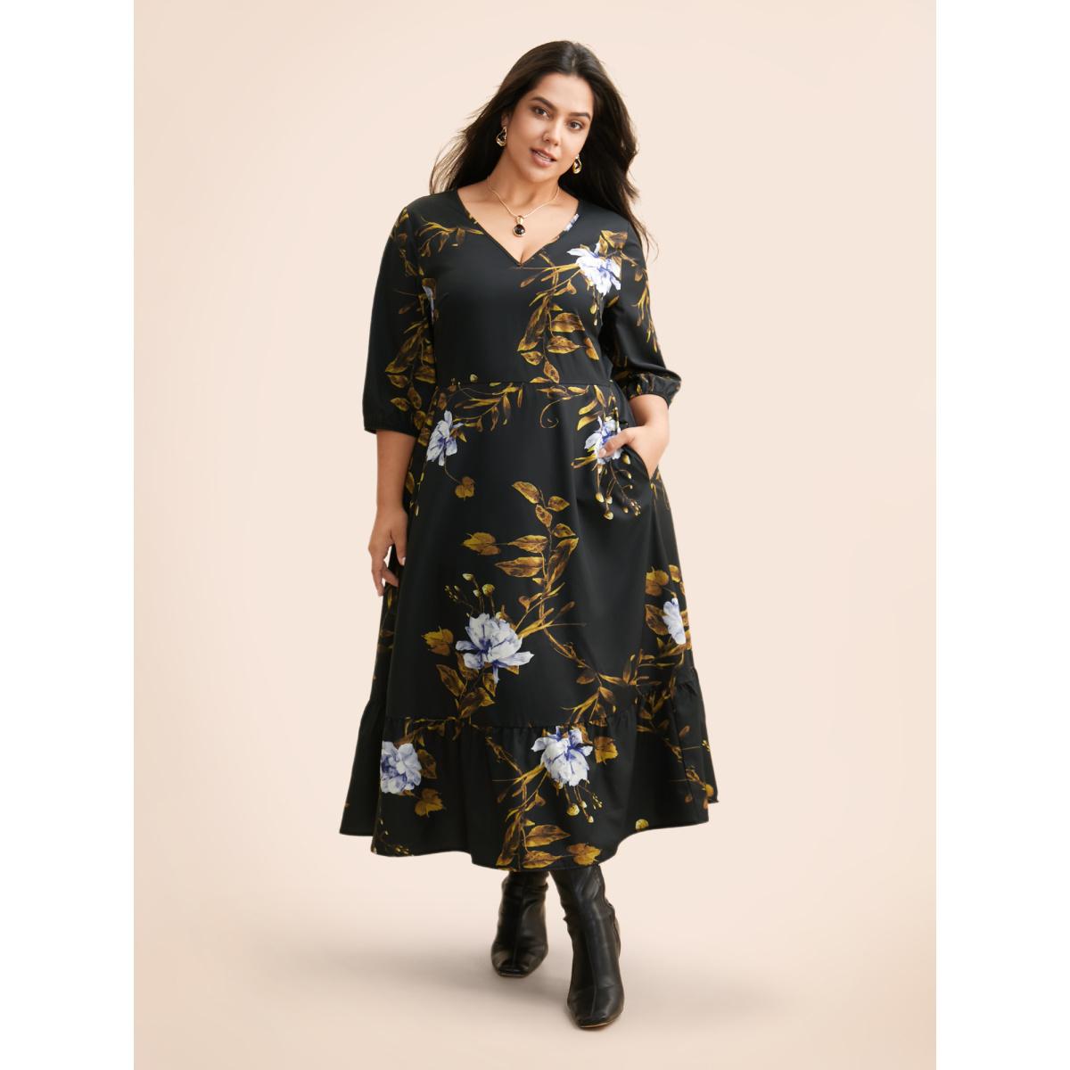 Plus Size Floral Print V Neck Lantern Sleeve Dress BlackFlower Women Elegant Non V-neck Elbow-length sleeve Curvy BloomChic 30/6X Product Image