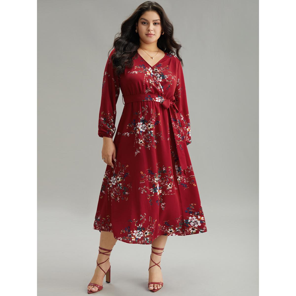 Plus Size Floral Print Belted Split Surplice Neck Dress Scarlet Women Elegant Elastic cuffs Overlap Collar Long Sleeve Curvy Midi Dress BloomChic 12/L Product Image