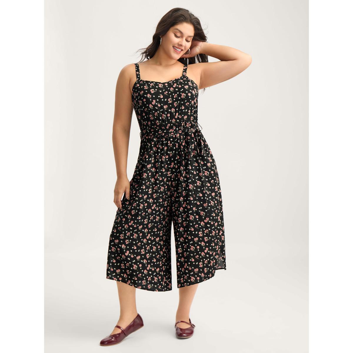 Plus Size Black Romantic Florals Belted Pockets Jumpsuit Women Leisure Sleeveless Heart neckline Casual Loose Jumpsuits BloomChic 12/L Product Image