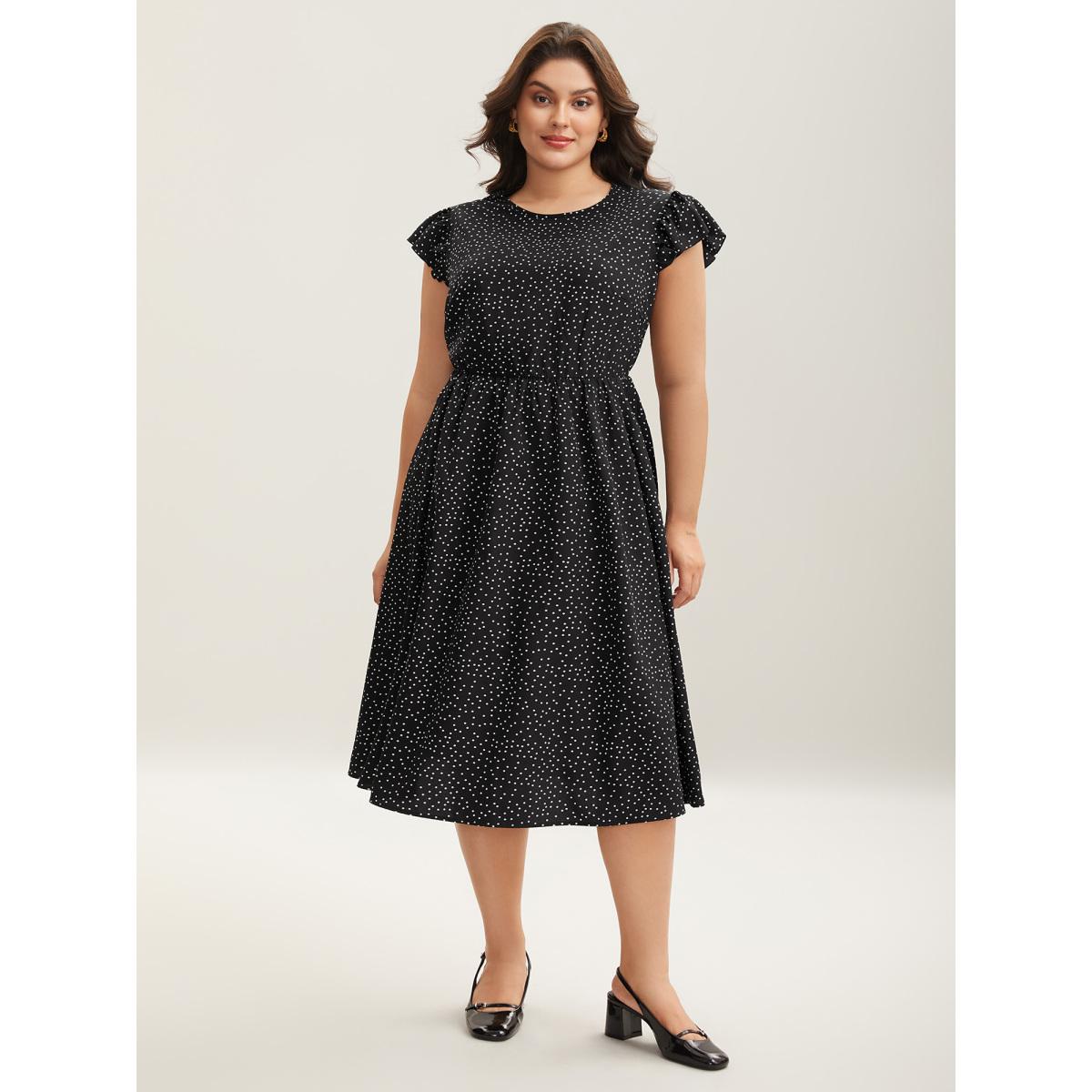 Plus Size Sheer Cut-Out Back Pockets Midi Dress Black Women Elegant Woven ribbon&lace trim Round Neck Cap Sleeve Curvy BloomChic 26/4X Product Image