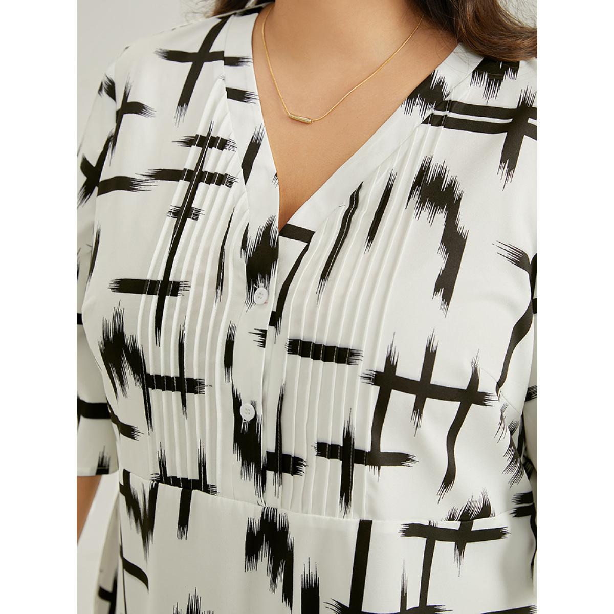 Plus Size Ivory Brush Print V Neck Pleated Ruffles Button Up Blouse Women Office Half Sleeve V-neck Work Blouses BloomChic 12/L Product Image