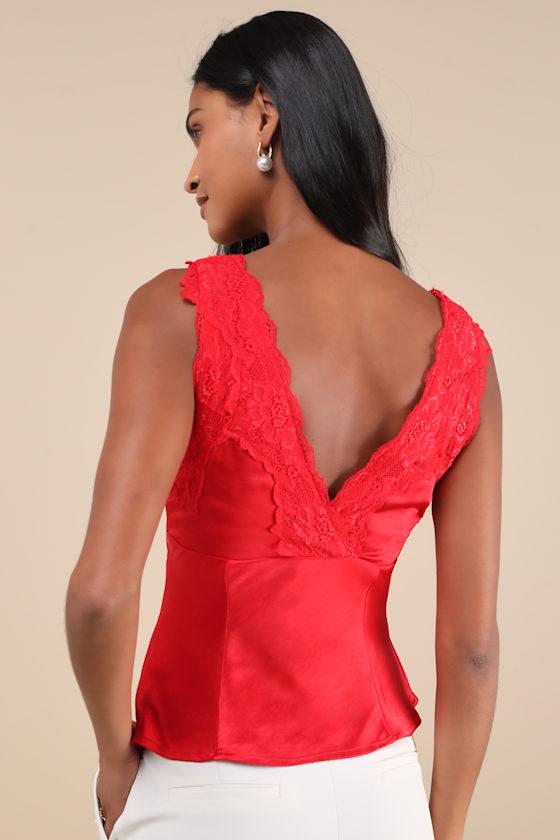 Wildly Perfect Red Satin Lace V-Neck Tank Top Product Image