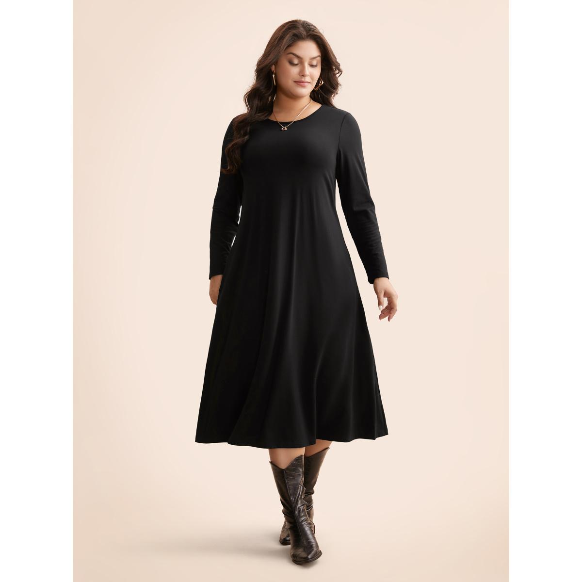 Plus Size Crew Neck High Stretchy Knit Dress Black Women Casual Non Knit Dresses Bloomchic 12/L Product Image