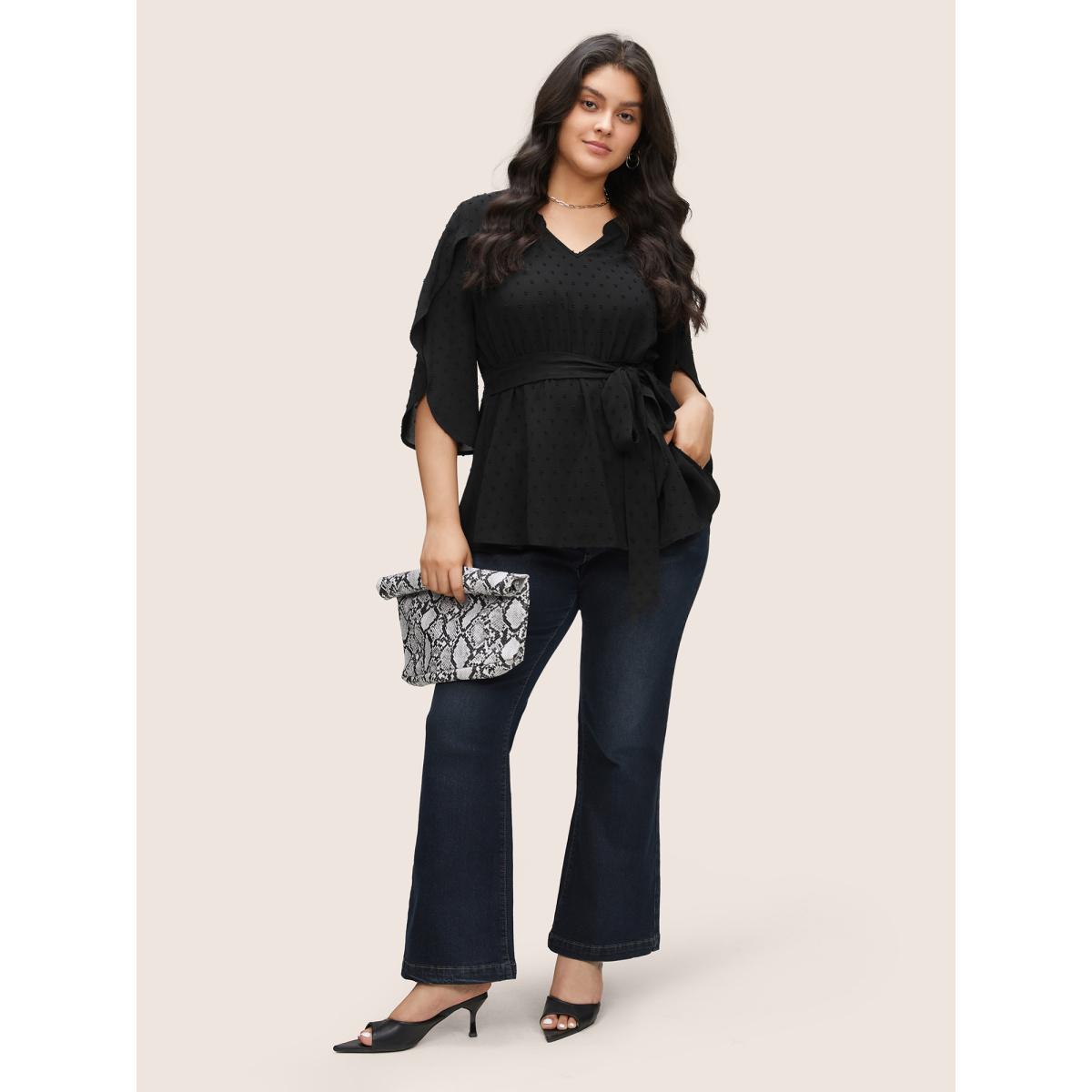 Plus Size Black Plain Textured Petal Sleeve Ties Blouse Women Work From Home Elbow-length sleeve Flat collar with V-notch Work Blouses BloomChic 18-20/2X Product Image