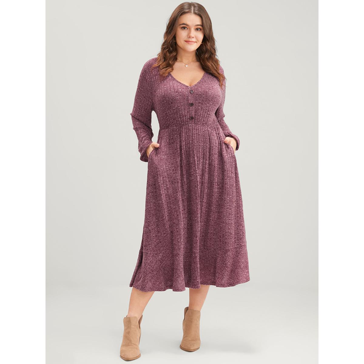 Plus Size Solid Button Detail Pocket Rib Knit Flutter Dress Burgundy Women Casual Elastic Waist V-neck Long Sleeve Curvy Midi Dress BloomChic 14-16/1X Product Image