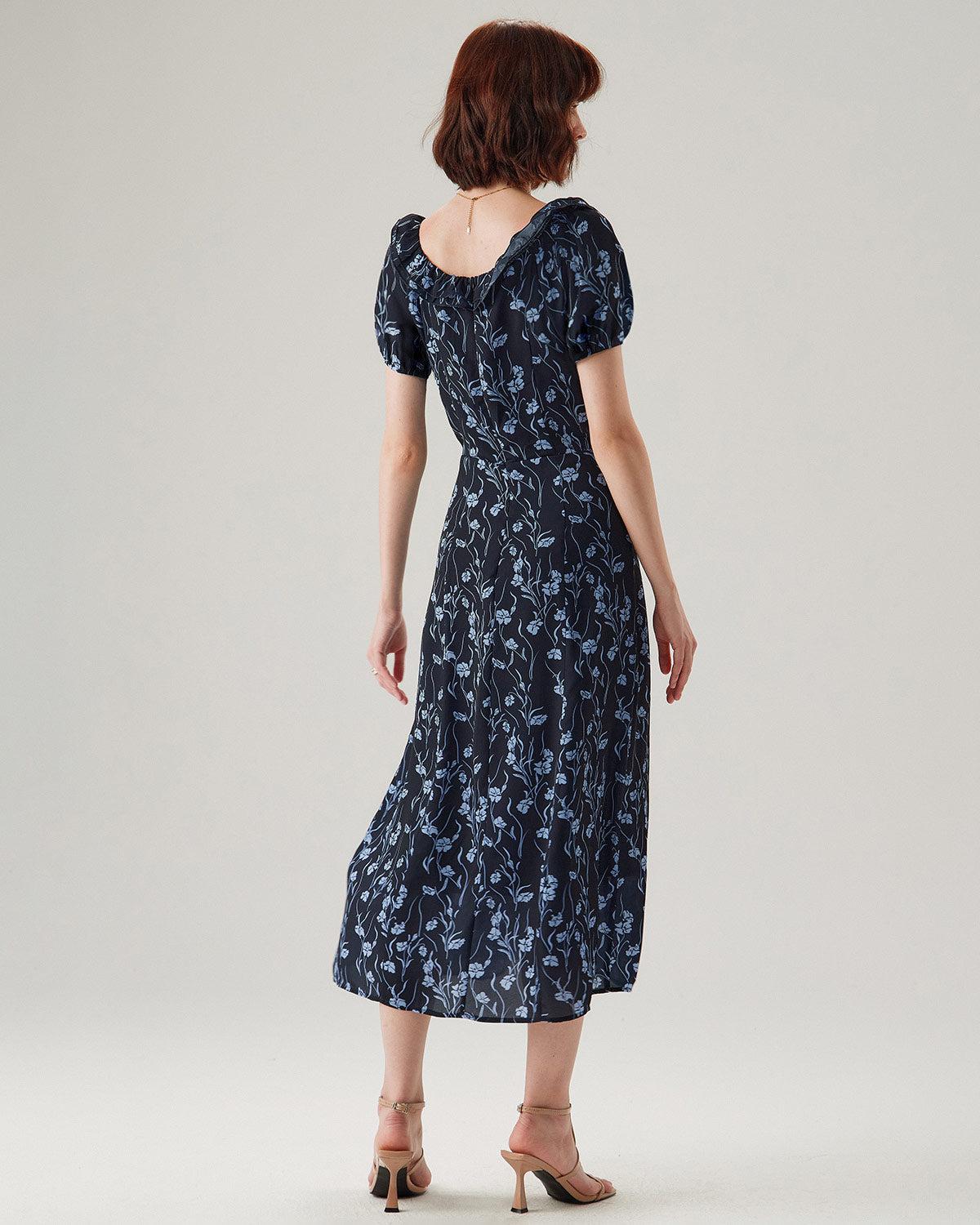 Navy Floral U-Neck Puffed-Sleeve Maxi Dress Product Image