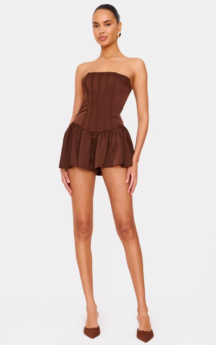 Chocolate Satin Corset Detail Bandeau Romper Product Image