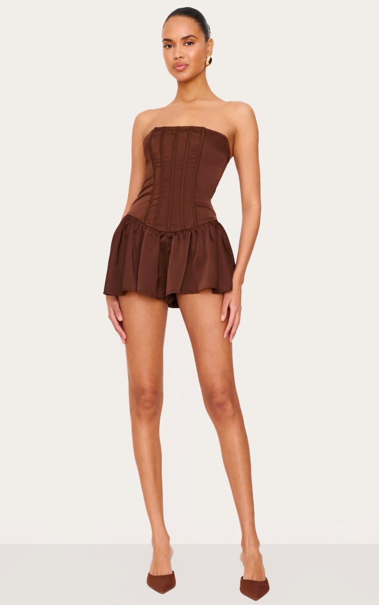 Chocolate Satin Corset Detail Bandeau Romper Product Image