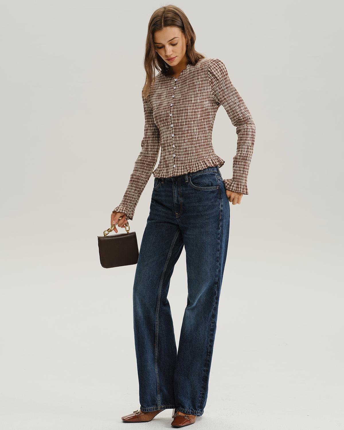 Brown Plaid Shirred Poet Sleeve Blouse Product Image