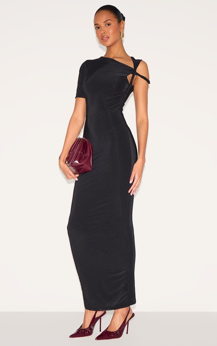 Black Slinky Twist Shoulder Midaxi Dress Product Image