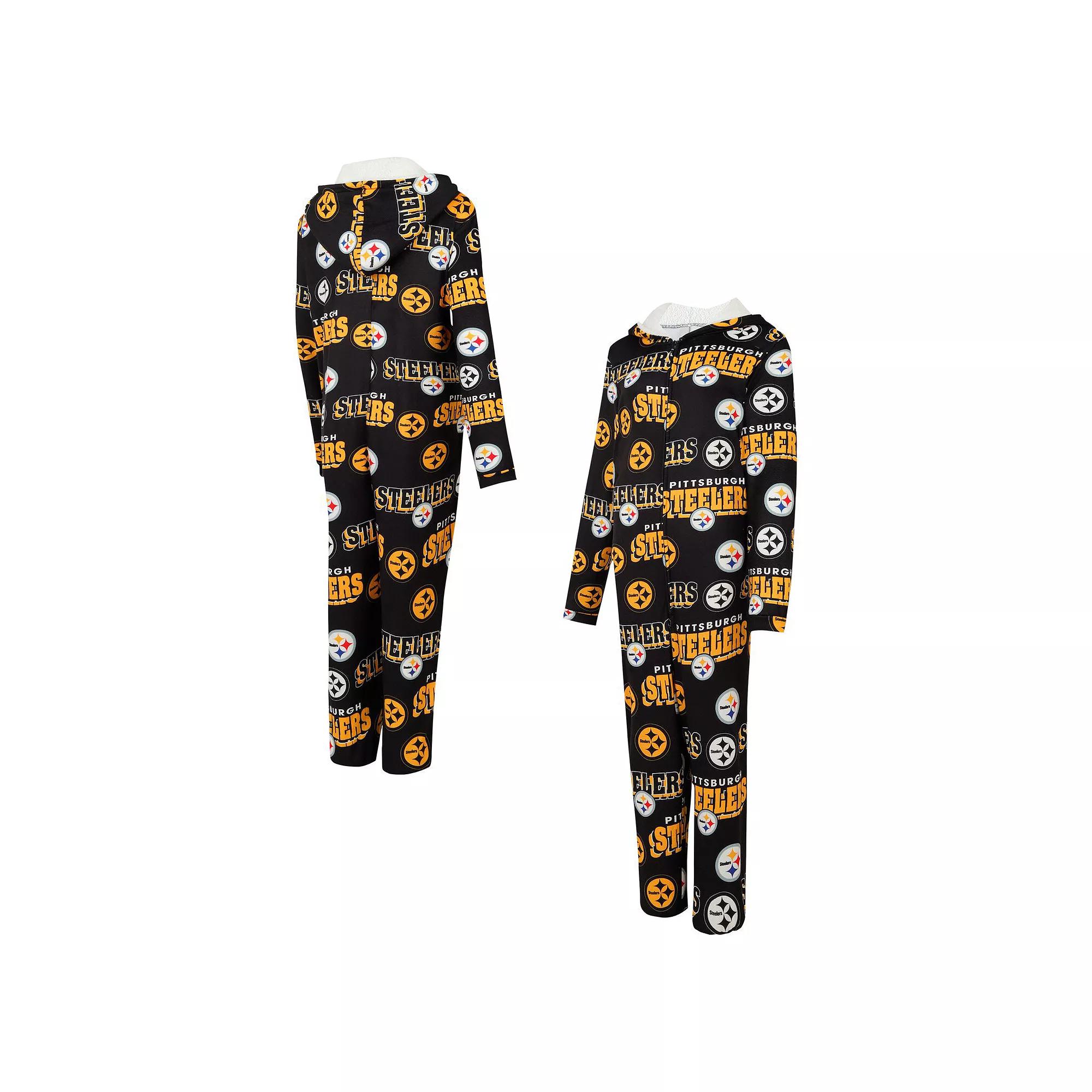 Women's Concepts Sport Black Pittsburgh Steelers Roadway Allover Print Microfleece Full-Zip Union Suit,  Product Image