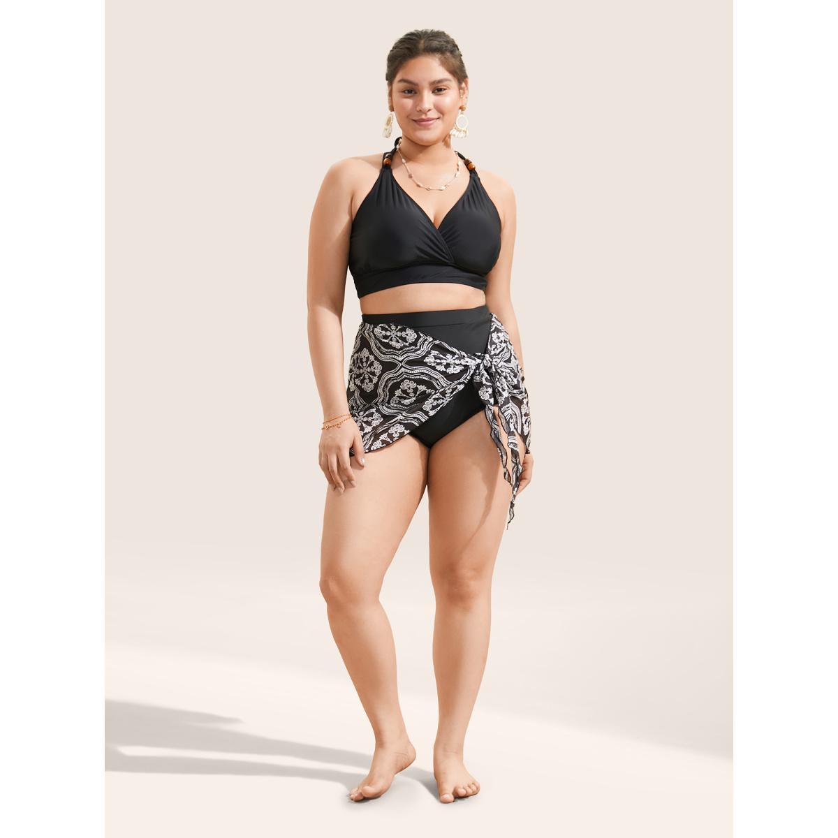Plus Size Bandana Print Patchwork Bowknot Swim Bottom Women's Swimwear Black Beach Non High stretch Skinny High Rise Curve Swim Bottoms BloomChic 10/M Product Image
