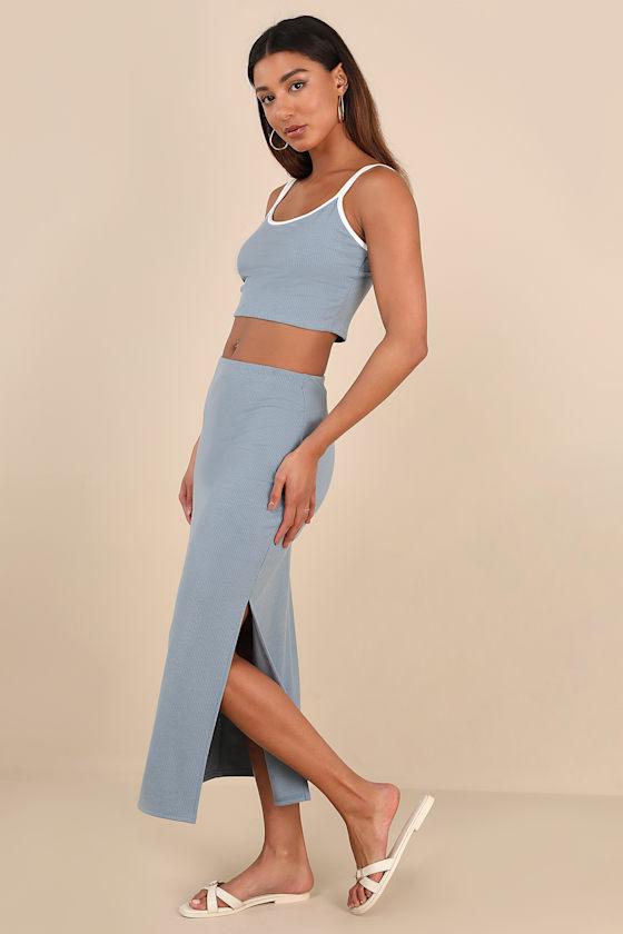 Trendy Match Slate Blue Ribbed Two-Piece Midi Dress Product Image