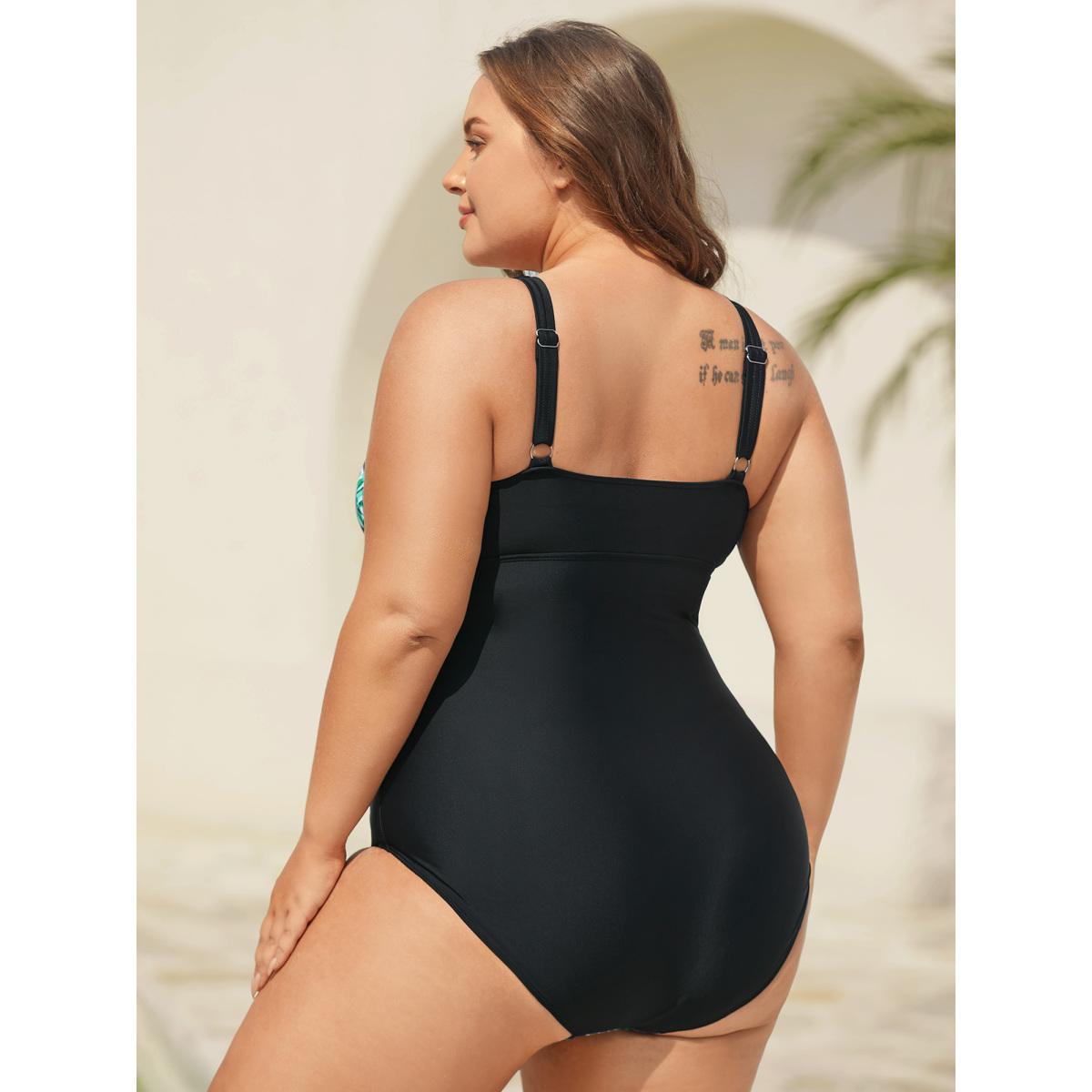 Plus Size Tropical Pattern Tied One-Piece Swimsuit Women's Swimwear Black Beach Gathered Curve Bathing Suits High stretch One Pieces BloomChic 30/6X Product Image
