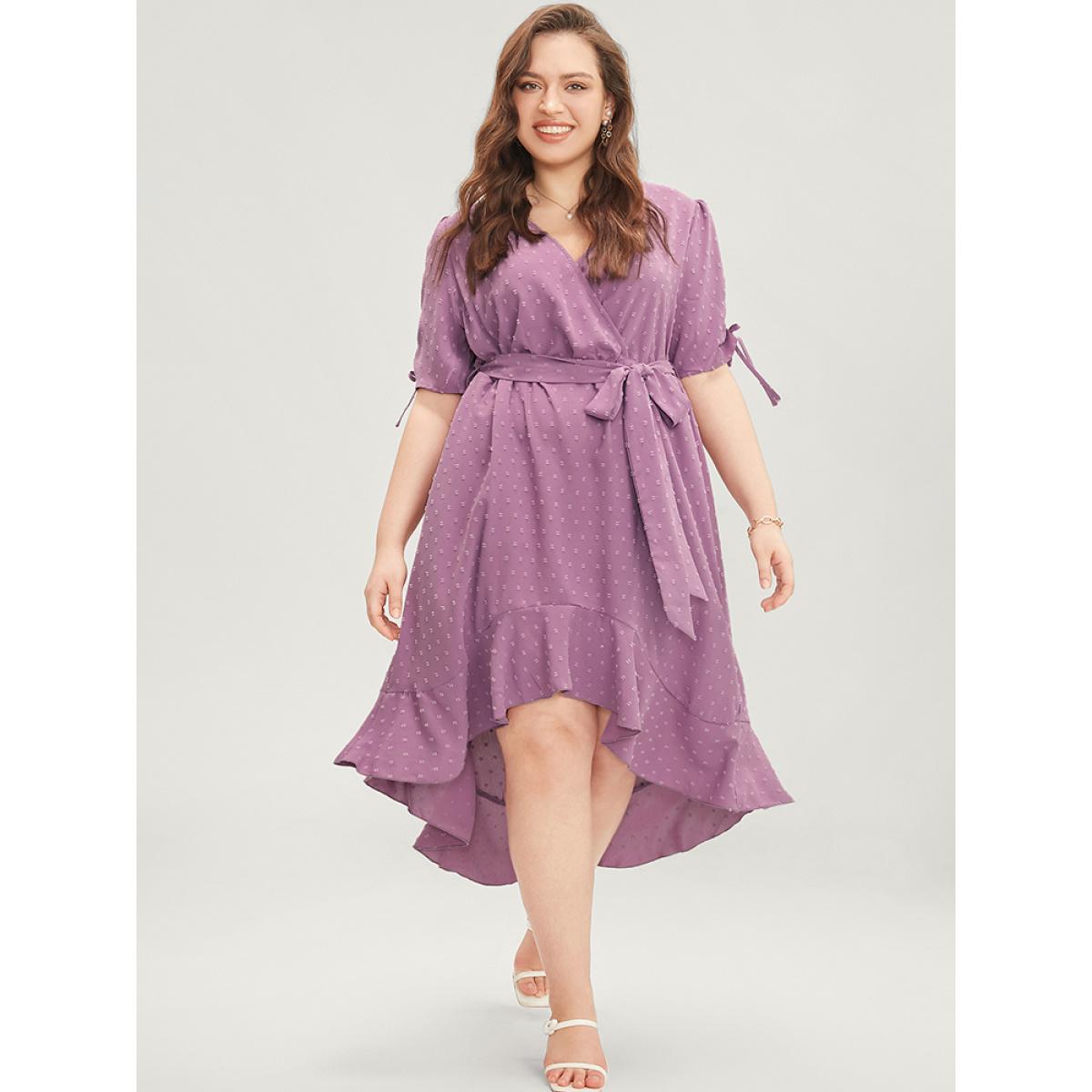 Plus Size Plain Wrap Ruffles Pocket Belted High Low Hem Dress Mauve Women Elegant Gathered V-neck Short sleeve Curvy Midi Dress BloomChic 14-16/1X Product Image