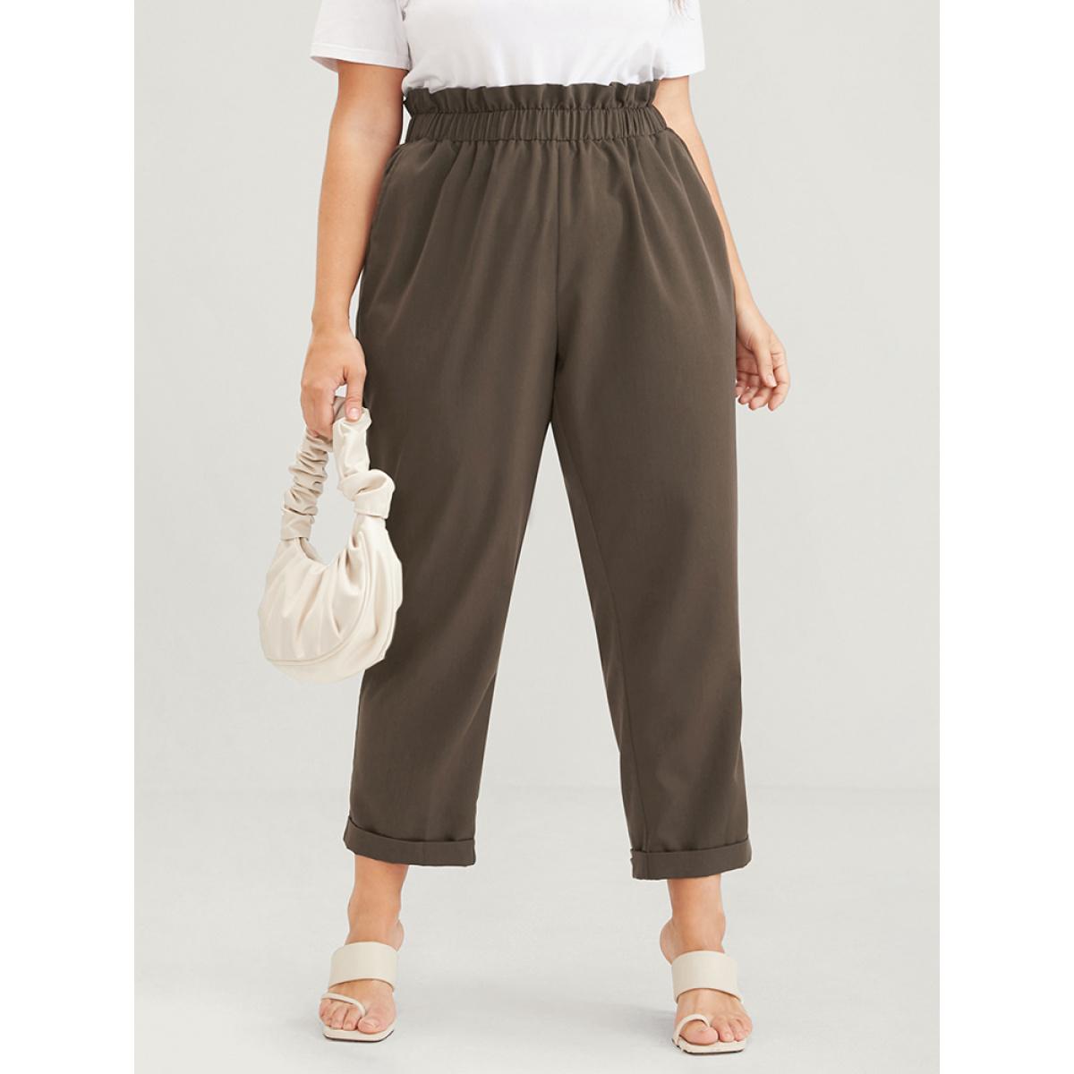 Plus Size Plain Elastic Waist Pocket Paperbag Waist Pants Women DarkBrown Elegant High Rise Dailywear Pants BloomChic 10/M Product Image
