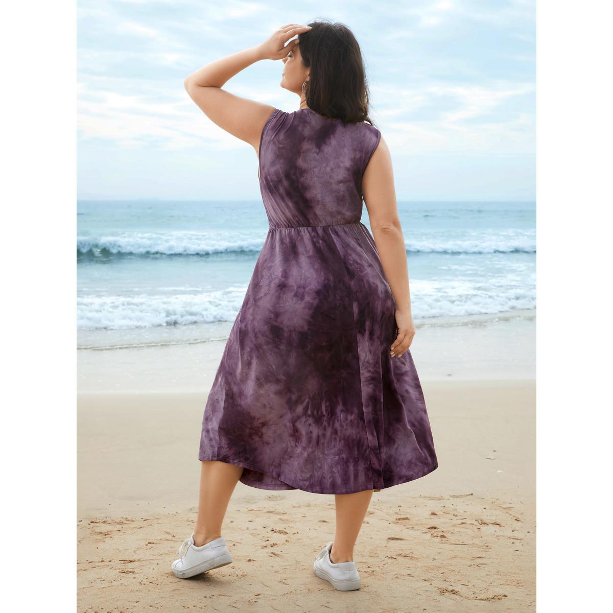 Plus Size Tie-Dye Surplice Neck Curved Hem Midi Dress Eggplant Women Leisure Non Knit Dresses Bloomchic 10/M Product Image