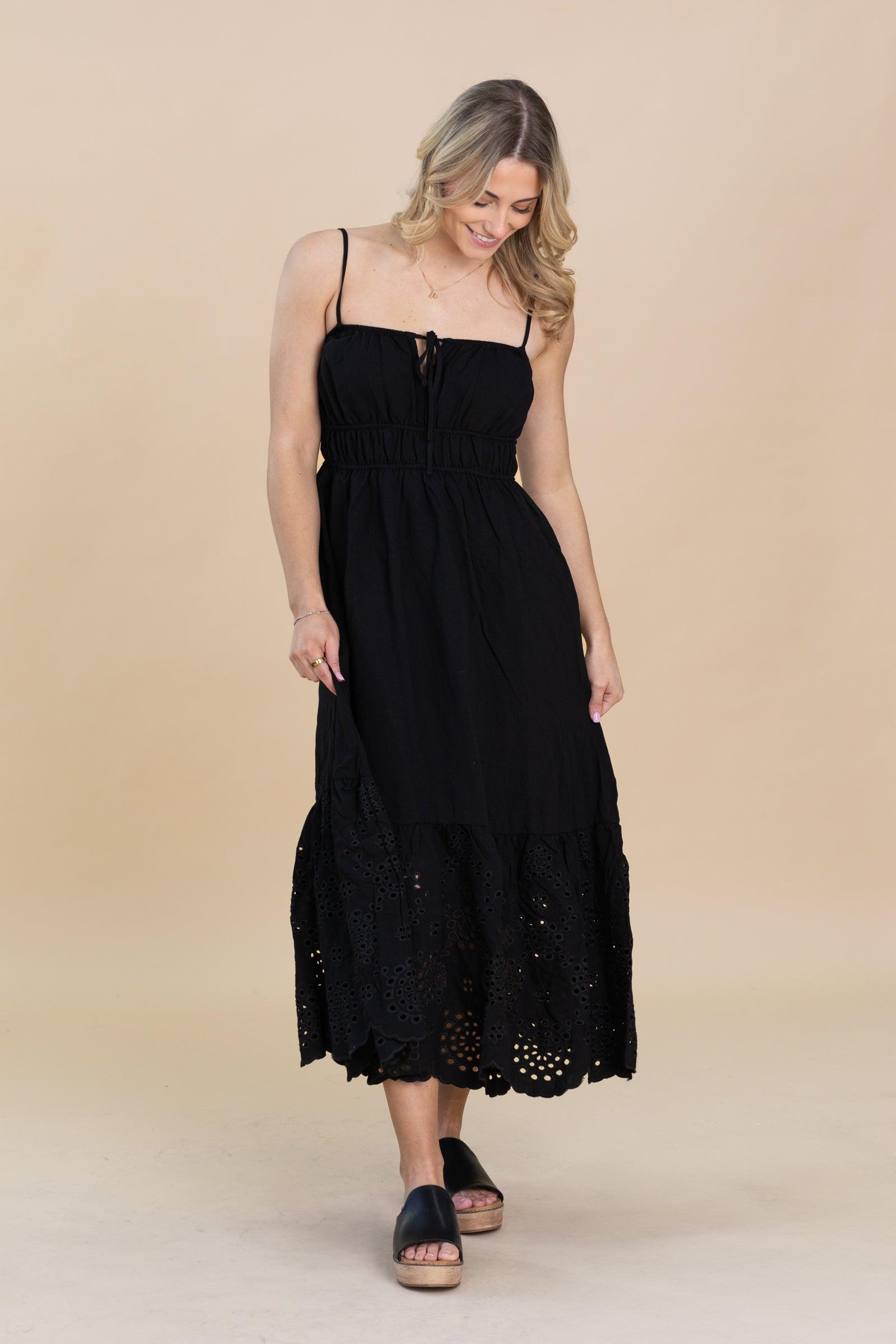 Black Front Eyelet Scallop Hem Midi Dress Product Image