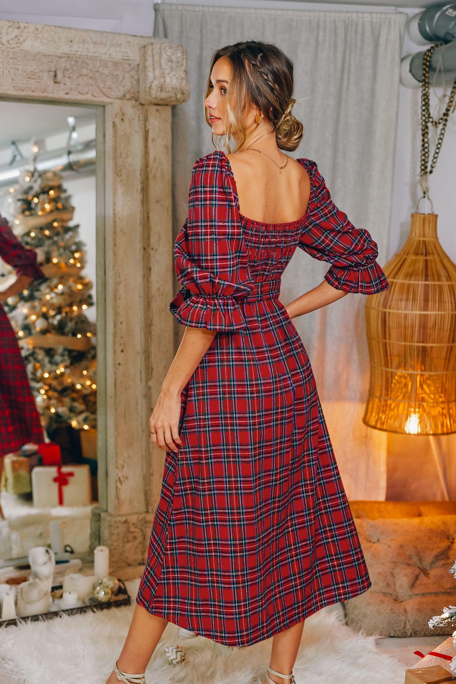 Abigai Belted Tartan Plaid Maxi Dress Product Image