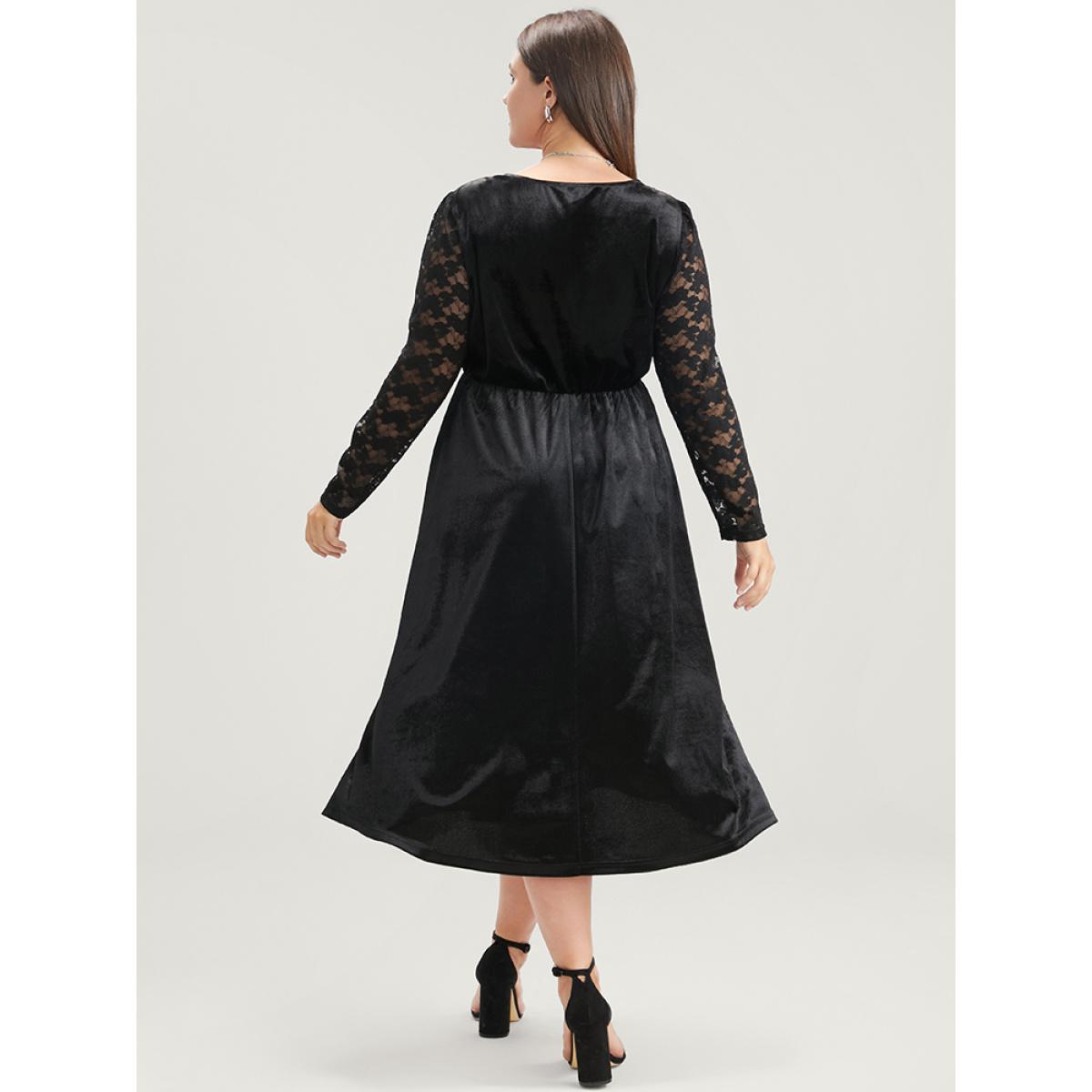 Plus Size Solid Wrap Contrast Lace Velvet Midi Dress Black Women Party Patchwork V-neck Long Sleeve Curvy Midi Dress BloomChic 22-24/3X Product Image