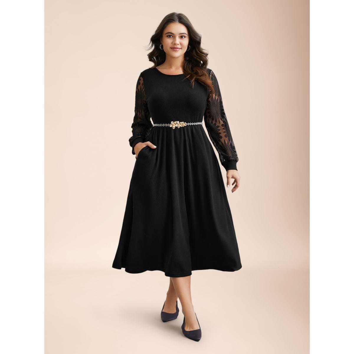 Plus Size Sheer Textured Sleeve Waist Cinched Midi Dress Black Women Elegant Texture Knit Dresses Bloomchic 22-24/3X Product Image